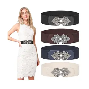4 Pack Wide Elastic Waist Belts for Women, Vintage Stretch Belt with Retro Buckle Plus Size