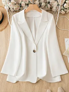 Women's Plus Size Blazer Jacket Suit, Lightweight Smooth Fabric, Loose Fit Drop Hem Design, Single Row Metal Buttons, Casual & Formal Wear, Chic