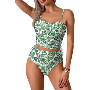 Women's 2 Piece Tankini Swimsuits Modest Drawstring Ruched Bandeau Crop Top with High Waist Briefs Bathing Suit
