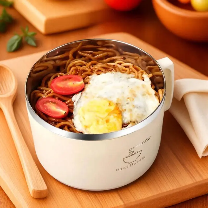 Stainless Steel Noodle Bowl with Lid & Handle, Large Capacity Anti-scalding Noodle Bowl, Multifunctional Fast Food Container for Home & Office Camping Accessory Picnic Essentials Kitchenware