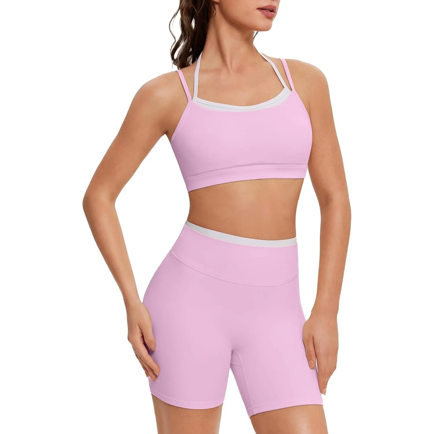 Workout Sets for Women Cute Doubel Layer Open Back Sports Bras Gym Shorts Outfits
