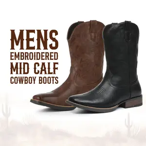 CYNLLIO Cowboy Boots for Men Round Toe Chunky Block Heel Embroidered Mid Calf Retro Classic Slip on Western Country Dance Boots