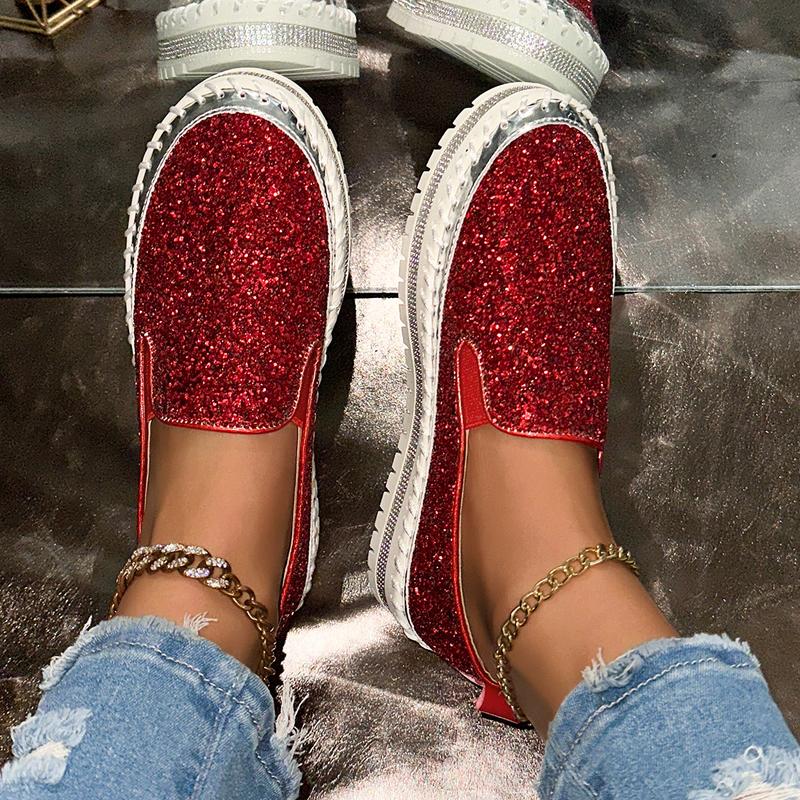 Women's Comfort Slip-On Shoes Fashion Glitter-Embellished Flats Casual Thick-Heeled Sneakers