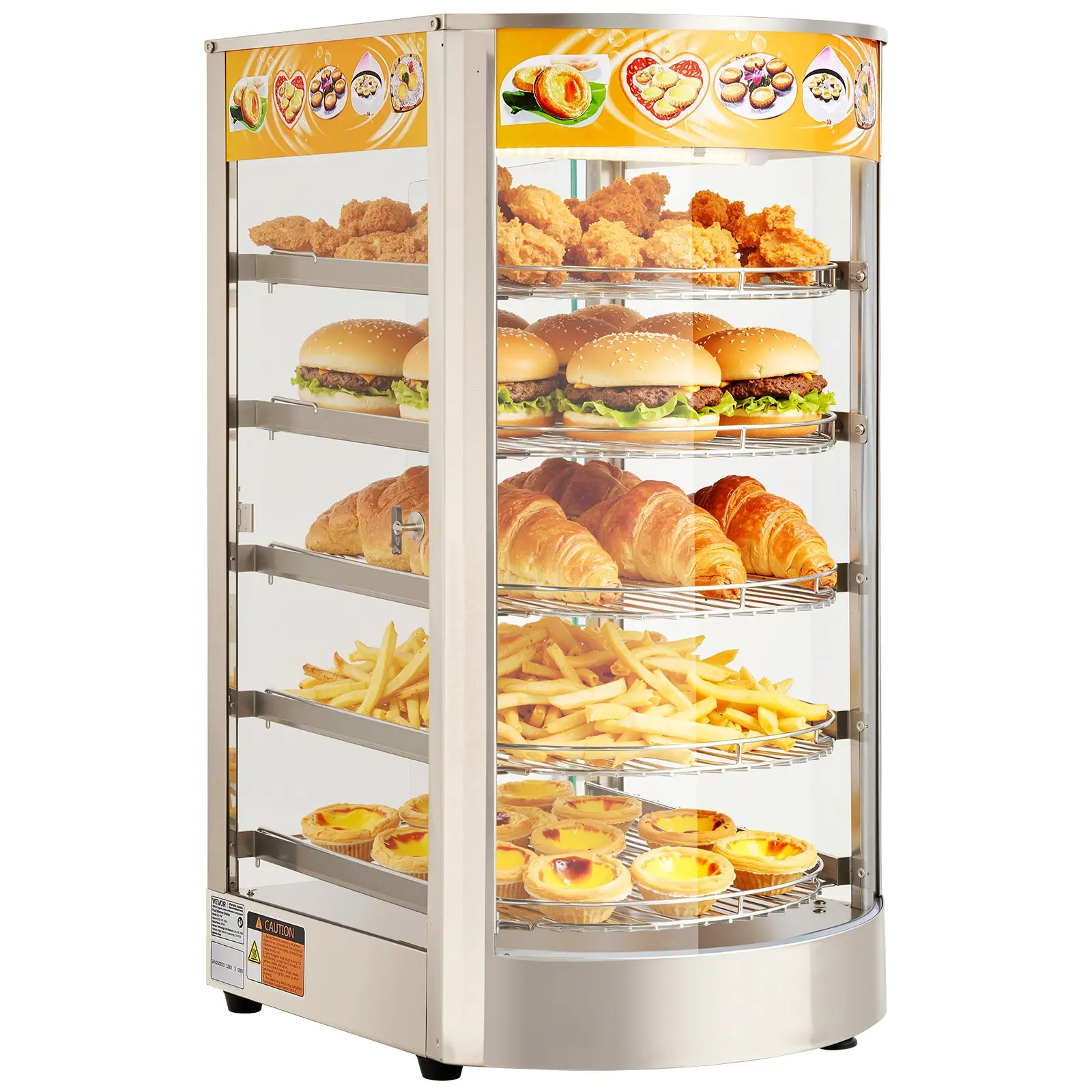 VEVOR 5-Tier Commercial Food Warmer Display, 800W Food Display Warmer with LED Light, Adjustable Shelf and Stainless Steel Frame, 86185 Air Heating, 60L for Hamburger, Pizza, Bread, Fried Chicken