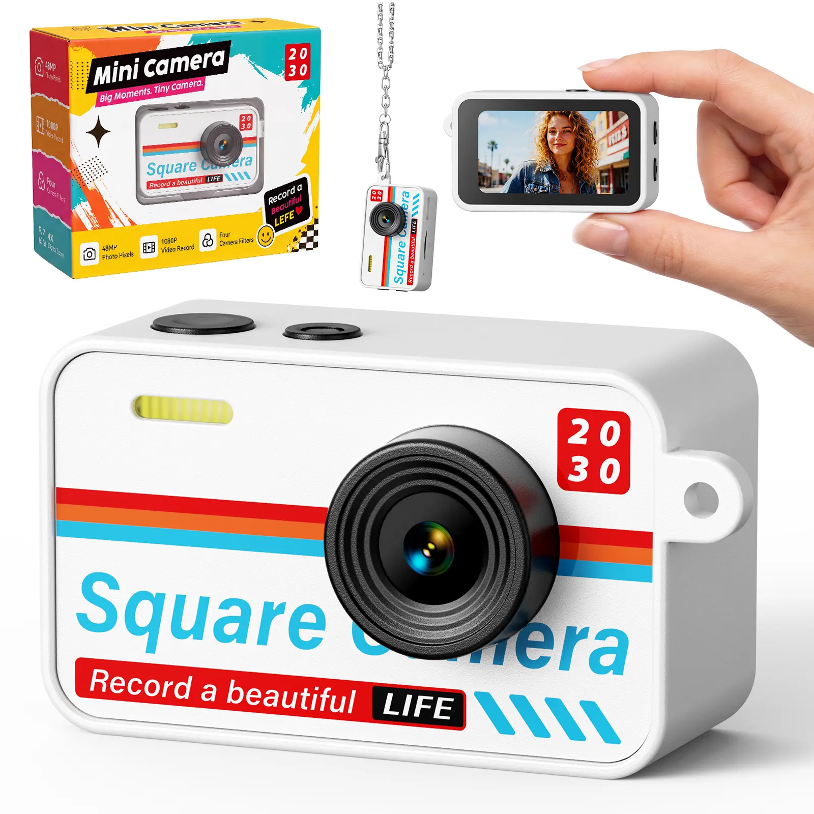 Retro Mini Keychain Digital Camera, 1080P HD Portable Pocket Video Camcorder with 4X Zoom, Fill Light, Y2K Aesthetic Birthday Gift for Kids Teens