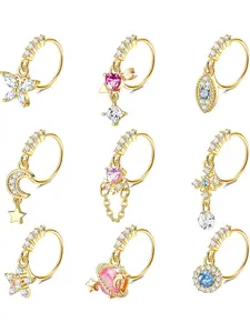Exquisite 9 Pcs Golden Black Hoop Nose Studs 20G Dangle Copper Nose Rings Hoops for Women Men Colorful Butterfly Heart Arrow Evil Eye Moon Star CZ Dangle Nose Rings Cartilage Earring Dangling Nose Piercing Jewelry Set