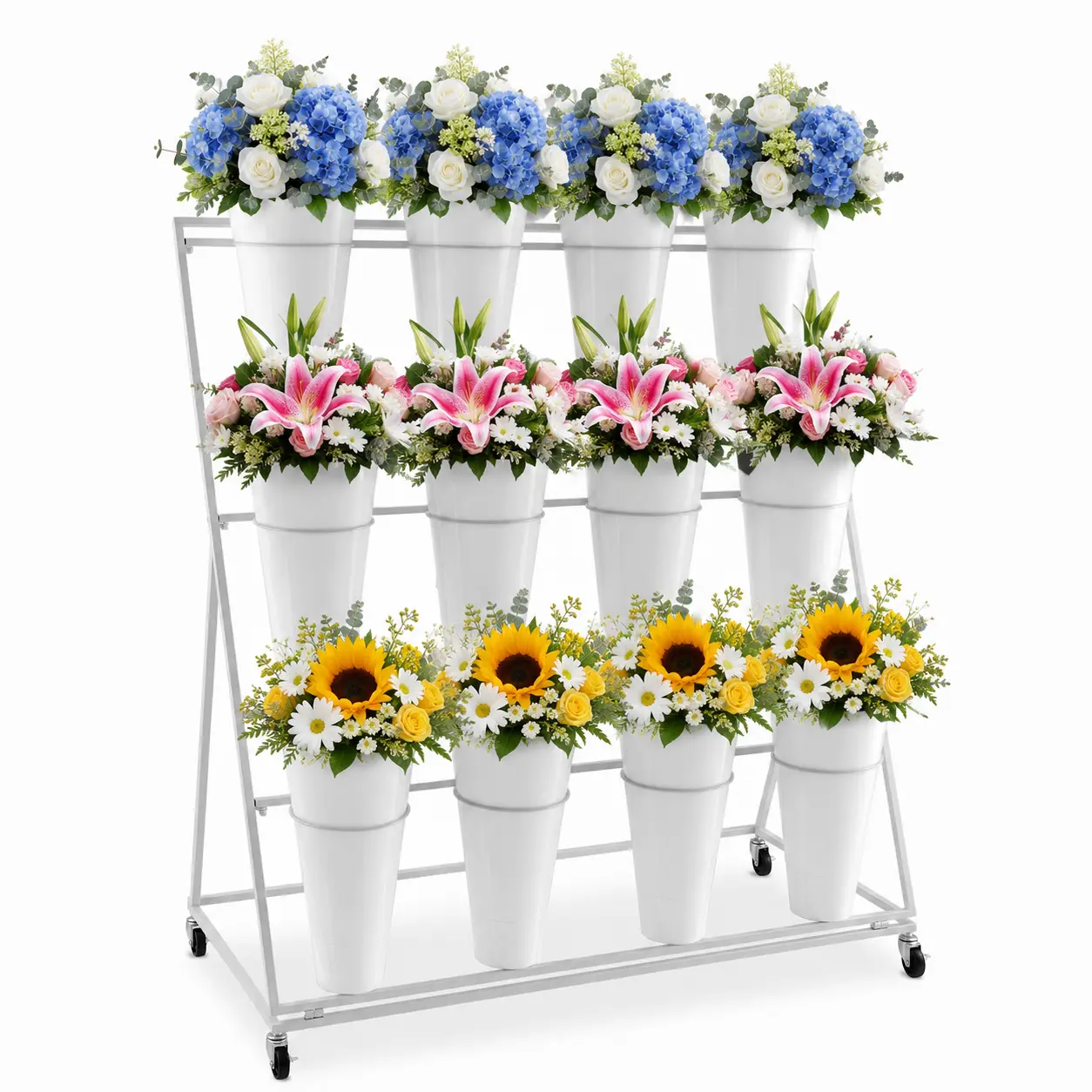 3-Tier Mobile Metal Flower Display Cart with 12 Flower Buckets & Universal Casters, Reinforced Load-Bearing Florist Trolley, Round White Flower Bucket Design, Suitable for Courtyards, Gardens & Living Room Placement