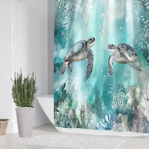 1/4 piece turtle roaming design bathroom set, Bathroom decoration accessories, including soft floor mat, toilet seat cushion, shower curtain, home decoration, floor mat with rebound, water absorption, anti slip, preferred for gift giving