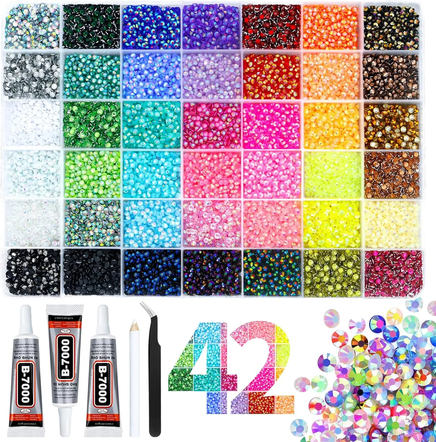 42000Pcs 42Colors 3mm Resin Jelly Flatback Rhinestones Bedazzling Kit with Non-Toxic Glue, Nail Art DIY Craft Set for Beginners & Experienced Crafters, Class of 2026 Graduation Gift for Her
