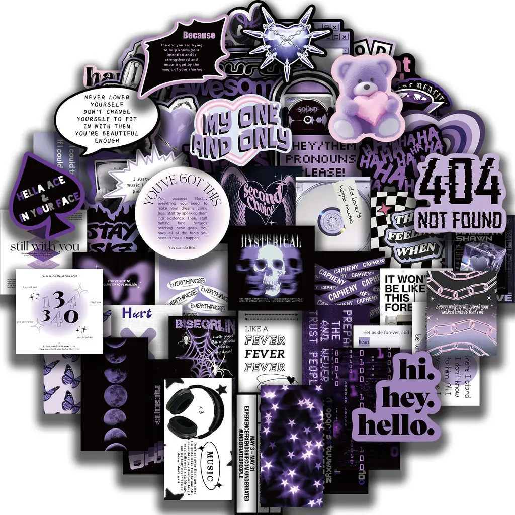 60PCS Korean Ins Style Sweet Cool Black Purple Waterproof Graffiti Aesthetic Stickers for Helmet Bicycle Hand Account Pencil Case Decals LanLanStickersWorld