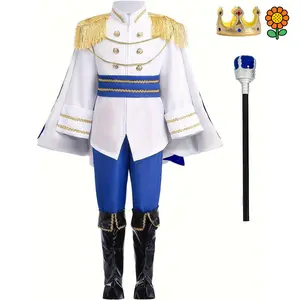 DZP-Set of 7pcs for Boys Featuring a Prince Character, Including a Top, Crown, Pants, Shoe Covers, Scepter, Cloak, And Belt, Perfect for a Halloween Celebration.