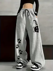 'Kawaii Black Cat & Paw Print' Lightweight Soft Breathable Drawstring Wide Leg Sweatpants, Y2K Aesthetic Baggy Streetwear Pants for Teen Girls, Comfy Loungewear Trousers for Daily Wear/Street Style/Casual Outfit, Trendy Cute Pet Pattern Loose Fit Joggers