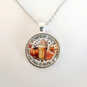 #469 "Pumpkin Spice Fall is Here" with Coffee Drink, Pumpkins & Fall Leaves 20 inch with 2 inch Extender Necklace, Casual Autumn Fall Coffee Jewelry