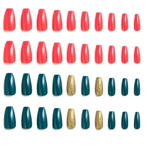 Allkem Glam Duo - Teal Gold X Peach Press on Nails | Glossy Medium Short Ballerina | 10 sizes - 20 pcs Almond Nail kit with Glue 2 sets