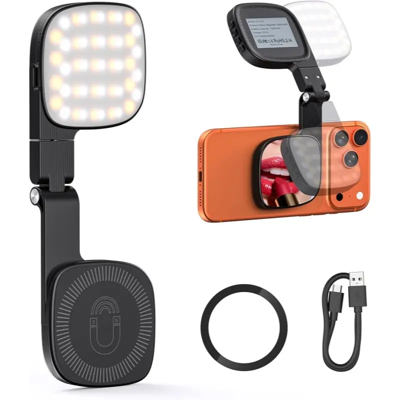 Magnetic Selfie Light with Mirror, 360° Adjustment, Portable Mini LED Phone Fill Lighting, Phone Mirror with Lights for Selfie, Makeup, Video Conference