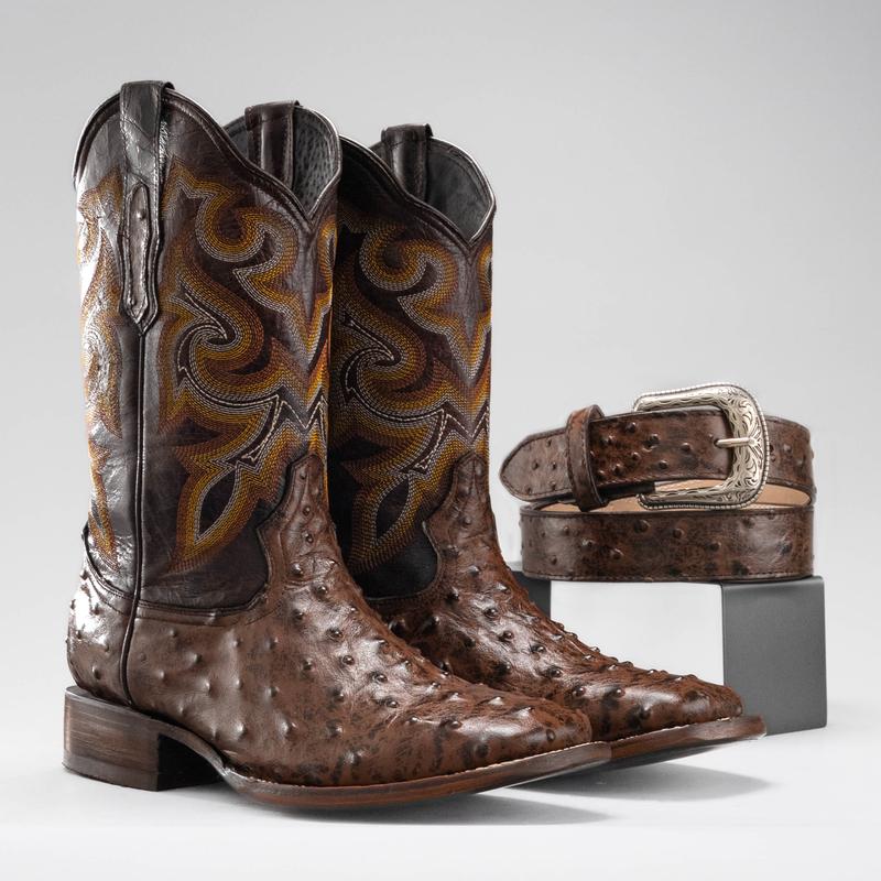 Cowboy Square Toe Imitation Ostrich Boot Premium Leather Men Classic Boot Buttercup Ostrich Print Leather Made in Mexico