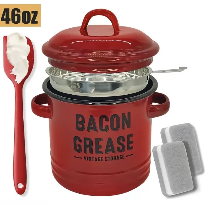 Bacon Grease Container with Strainer 46oz Enamel Grease Storage Can with Lid Dishwasher Safe Kitchen Oil Container for Cooking Bacon Grease Keeper with Spatula and Cleaning Sponges Retro Farmhouse Kitchen Essential Utensils bbq Oil Dispenser White