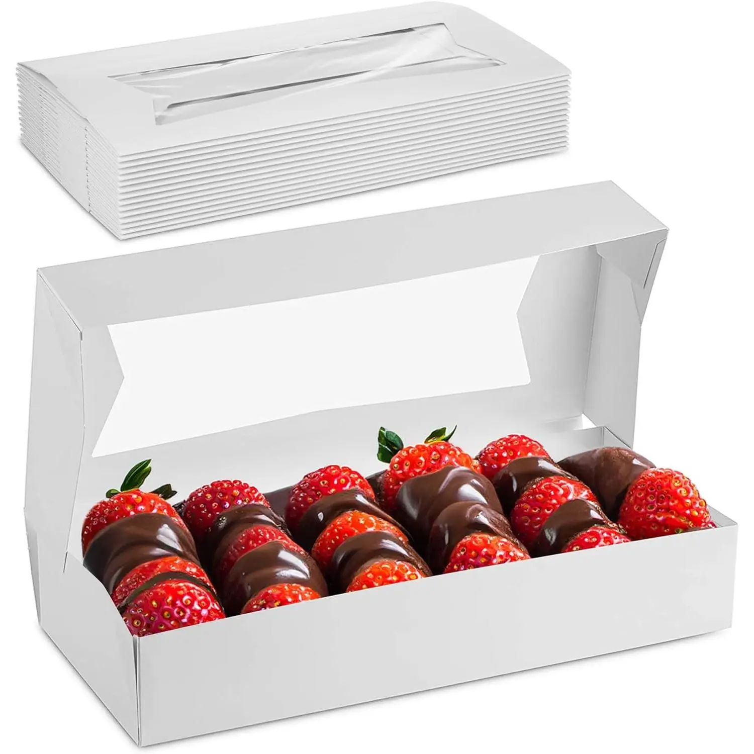 MT Products Sturdy Lightweight Handy White Baked Goods Container - Auto Pop-Up Long Windowed Bakery Holder, 12.5"x5.5"x2.25", Pack of 15 - Stylish Cupcake Donut Boxes for Elegant Presentation, Office Gift Wrapping Supplies, Pastry, Cupcake Boxes