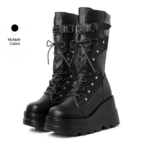 Women's Goth Platform Boots - PU Leather, Chunky Wedge Heel, Round Toe, Mid-Calf (Above the Ankle But Below the Knee), Zip+Lace Fast On, Spike Accents, All Seasons, Alt Girls Shoes for Women, Party Footwear, Steady Lift