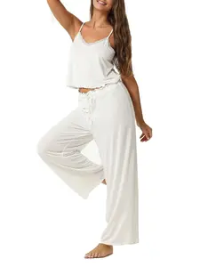 Women's 2 Piece Pajama Set White modal Tank and Long Pajama Pant Set Lace Trim Sleepwear for Women