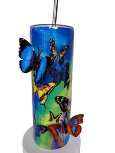 3D Glittered Butterfly Mug with Reusable Lid and Stainless Steel Straw Insulated Tumbler 20 oz Handmade Unique Design Portable Drinkware
