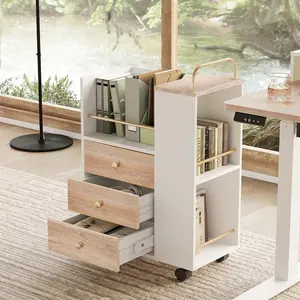 ModerMate 3 Drawer Mobile File Cabinet, Wood Rolling Filing Cabinet with Lockable Wheels, Utility Cart with Open Storage Shelves Home Office Fits A4/Legal, 19.7" x 11.8" x 26.3", Light Walnut