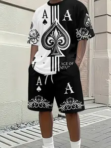 Men's 3D digital printed two-piece set, summer men's Ace of Spades printed set, playing card element short-sleeved shirt and shorts two-piece set, trendy casual two-piece set, breathable sports casual style, the perfect holiday gift for men.