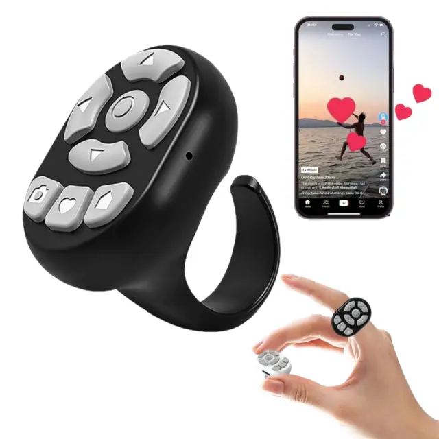TikTok Scrolling Ring – 8-Button Finger Tip Wireless Remote, with Camera Remote Shutter for iPhone & Android