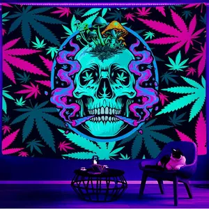 Dongbei Blacklight Trippy Weed Marijuana Tapestry UV Reactive Smoking Skull Marijuana Leaf Black Light Wall Tapestry Neon Psychedelic Tie Dye Stoner Wall Hanging Glow in the Dark Party Decor 60X40IN