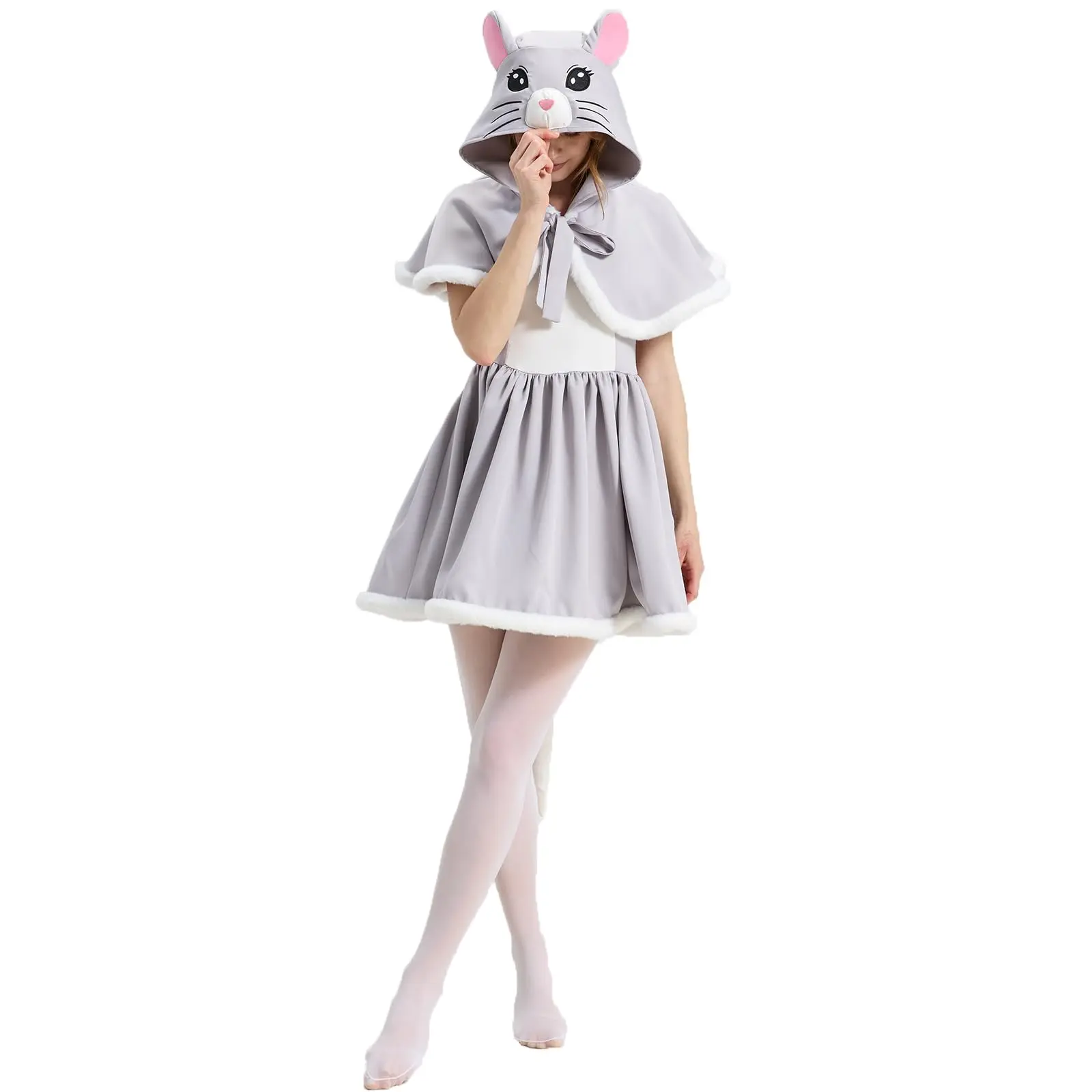 Women's Elastic Knitting Mouse Coordinated Costume Set - Cute Hooded Cape Dress with Tail & Wingsuit, Soft Fabric, Preppy Athletic Halloween Cosplay Gear with Accessories for Fancy Party Stage Performances