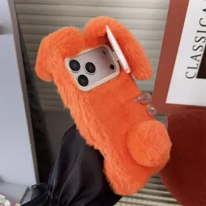 3D Cute Cartoon Rabbit Ears Furry Plush Phone Case For iPhone 17 Air 16 15 14 13 12 11 Pro Max Lens Bracket Shockproof Cover