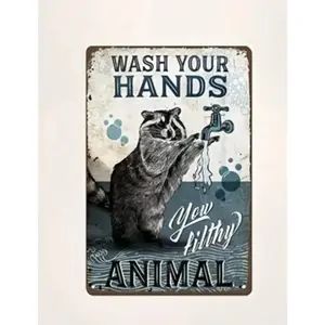 Bohemian Aluminum "Wash Your Hands" Raccoon Sign - Vintage Bathroom & Kitchen Wall Art, Home Decor Products, Vintage Plaque Decor, Home Decoration