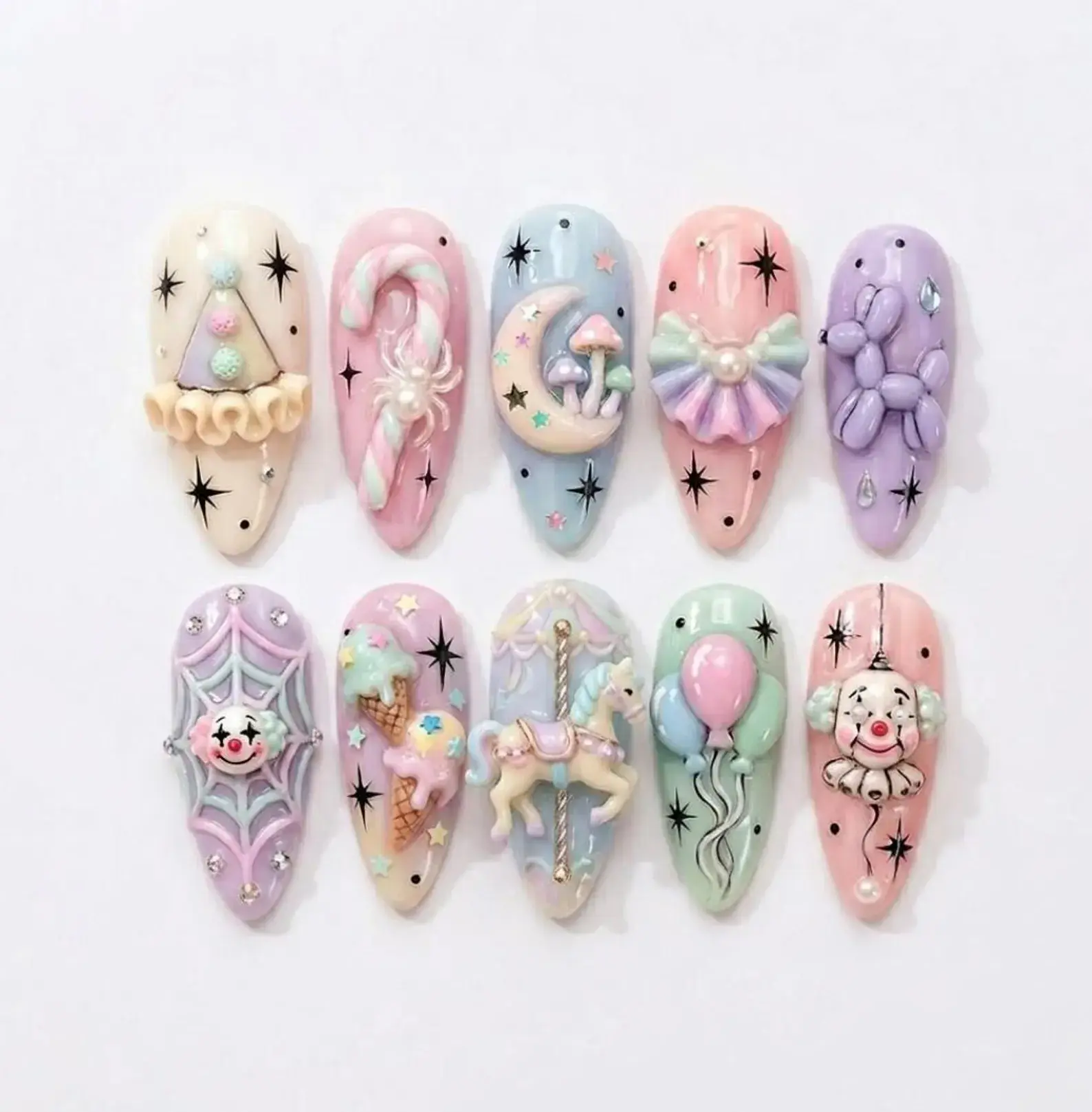 Handmade Pastel Carnival Press On Nails, 3D Dreamy Circus Custom Fake Nails, Cute Clown Aesthetic Design, Kawaii Sweet Art Nail