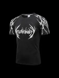 American High Street Gothic Print Compression T-Shirt, Sporty Sleeveless Quick-Dry Fitness Top, Running Basketball Round Neck Sports Training Shirt
