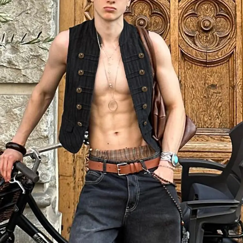 INCERUN Men's Classic Vintage Grunge Waistcoat, Double-Breasted Sleeveless Top with Metallic Buttons for Festival & Rave