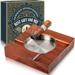 Wood cigar ashtray cigar accessories cigarettes ashtrays for indoor outdoor patio home office use square wooden brown cigar ash tray cigar gift sets for men with gift box classic