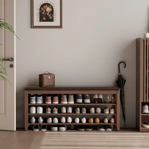 【Summer】TimberKnows Shoe Storage Bench with Leather Cushion – 3-Tier Solid Wood Entryway Organizer, Adjustable Height, Walnut Finish for Hallway & Mudroom