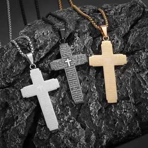 Titanium Steel Bible Cross Pendant Necklace for Men, Retro Hip-Hop,Stainless Steel Our Father, Lord's Prayer Cross Pendant Necklace for Women and Men