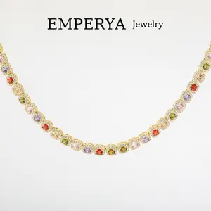 EMPERYA 14K Gold Plated Luxury Multicolor Halo Eternity Necklace | Sparkling Rainbow Round-Cut Gemstone Statement Jewelry | Elegant Anniversary & Birthday Gift for Her