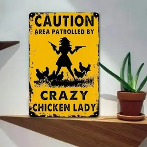 Funny "Crazy Chicken Lady" Rustic Lightweight Hangable Metal Tin Sign - Chicken Coop Caution Sign - Vintage Farmhouse Home Decor for Garage, Bar
