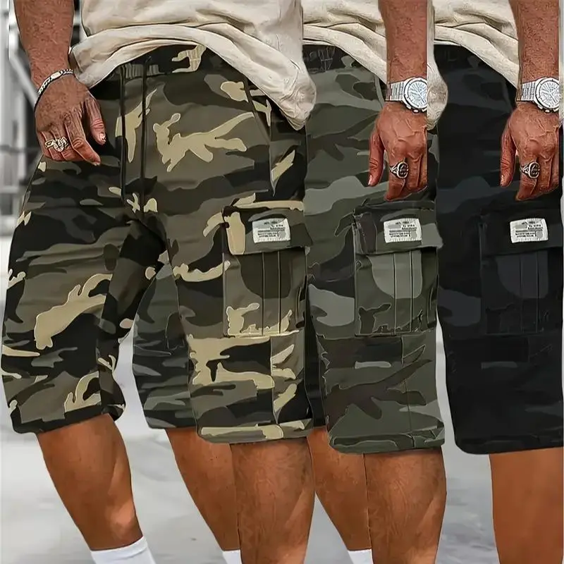Camouflage twill shorts with pockets, three-piece set; men’s casual khaki long pants in green and black, suitable for everyday wear.bop, shorts Menswear Stylish Trouser Sportswear Athletic waist