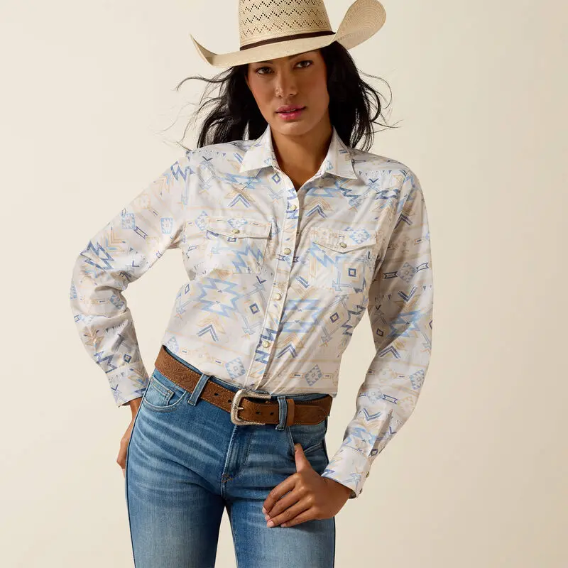 Ariat Women's VentTEK Off White & Blue Aztec Southwestern Print Pearl Snap Long Sleeve Shirt 10071065
