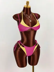 Amplova 2 in 1 Bikini Set for Women, Magenta Yellow Contrast Swimsuit, Sexy Summer Beach Vacation Swimwear