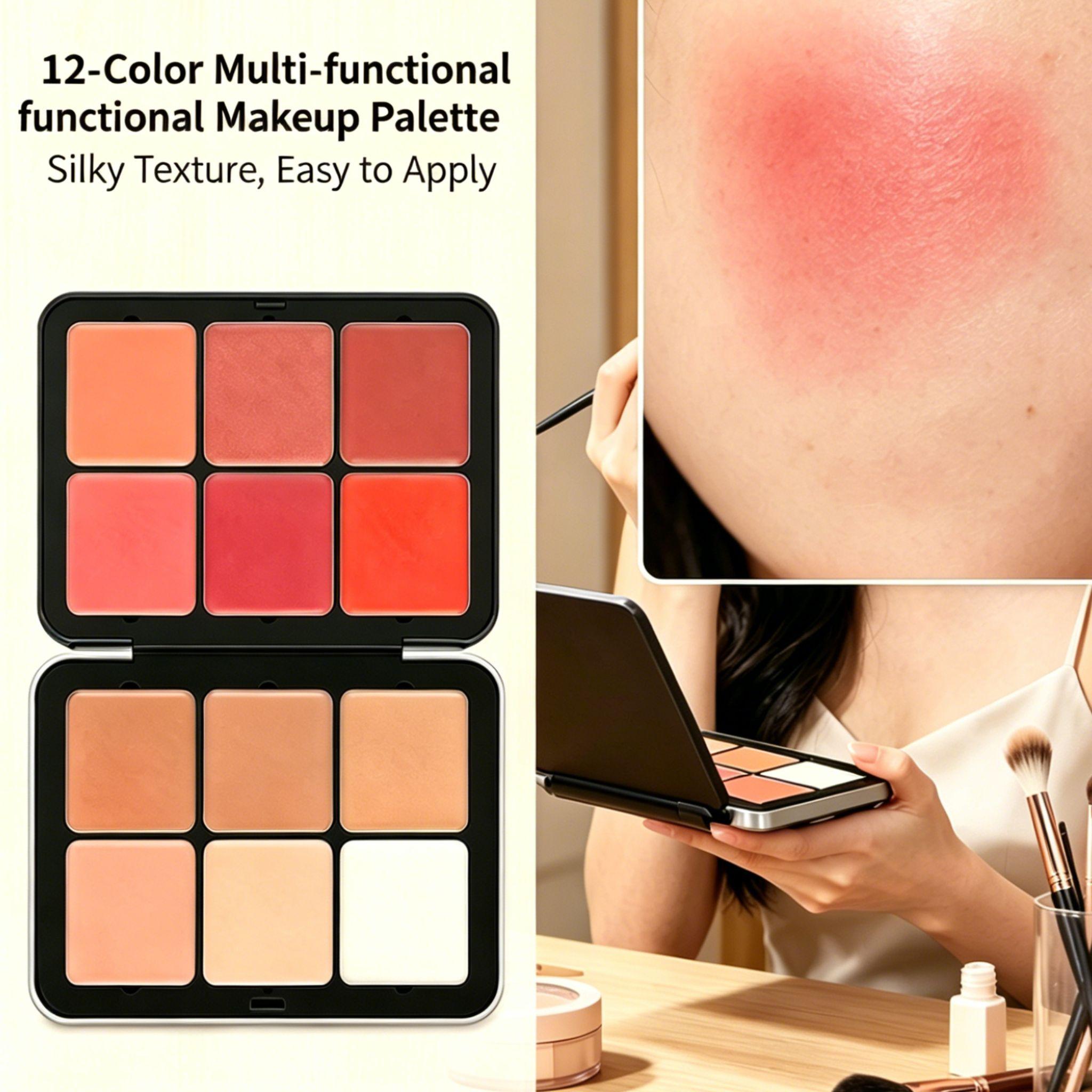 12 Color Cream Makeup Palette, Blush Contour Concealer Highlight Kit, Blendable Multi Use Face Palette for Daily Soft Glam