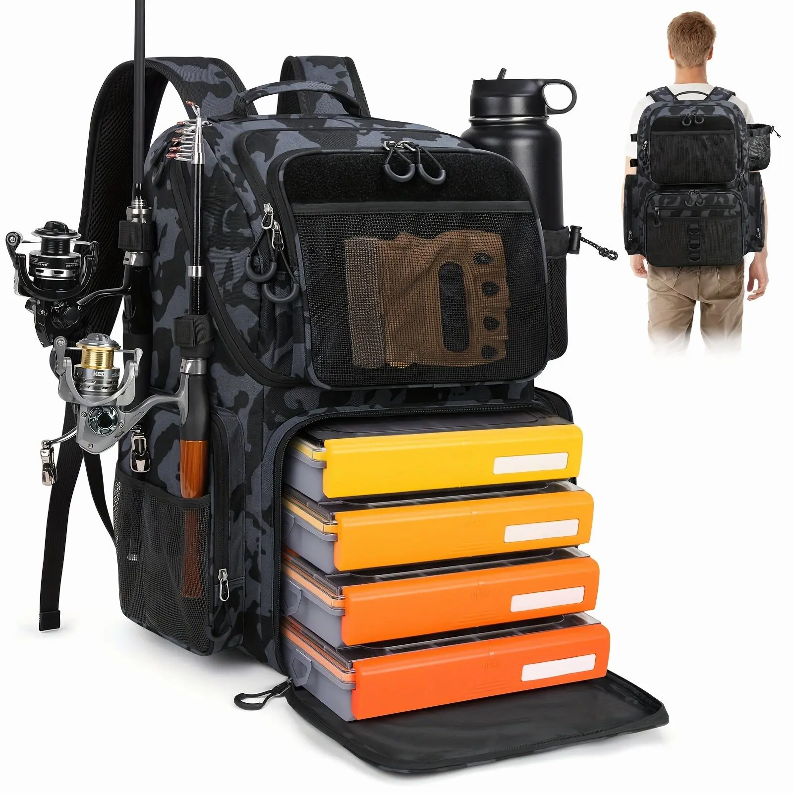 RAINSMORE 11.89gal Fishing Backpack With Rod Holder & Rain Cover, 900D Heavy-Duty Adjustable Compartments Fishing Tackle Bag Storage Fishing Gear - Gift For Men, Dad (Black And Blue Camouflage)