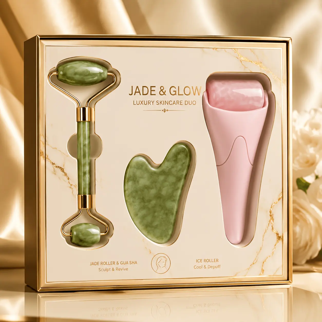 1+1+1 Jade Roller Gua Sha & Ice Roller Facial Massage Set, Cooling Skin Care Tool, Face Massager Self-Care Gift For Women