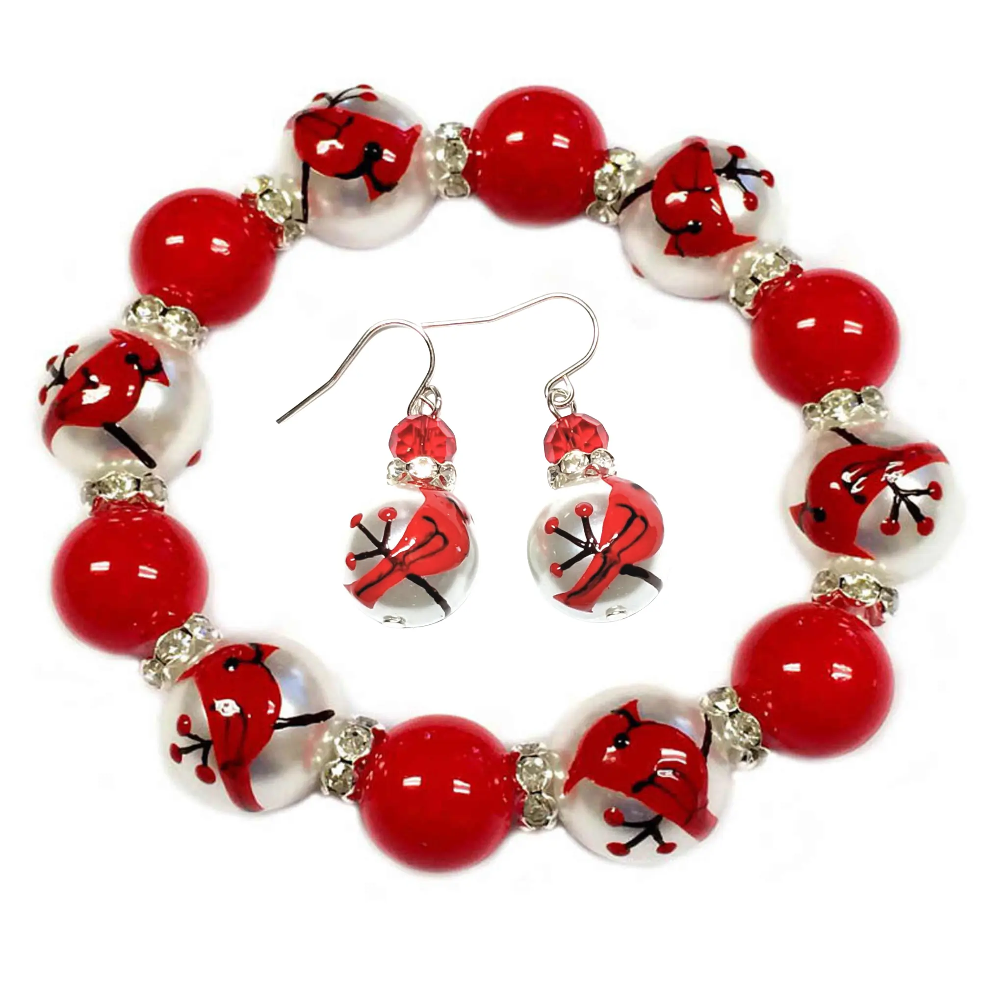 Cardinal Red Bird Bracelet Earrings Set, STL Cardinals Holiday Jewelry for Women, Christmas Remembrance Memorial Birthday Gift for Her, 1 pc