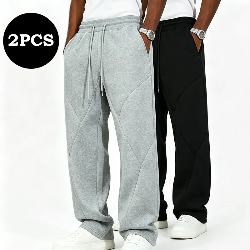 Menswear Men's 2-Pack Autumn/Winter Geometric Patchwork Sweatpants - Loose Drapey Straight-Leg Drawstring Hip-Hop Casual Long Pants