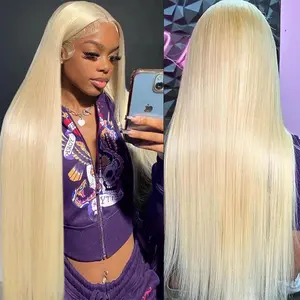 28 Inch 200% Density 613 Lace Front Wig Blended Human Hair Pre Plucked Blonde 13x4 HD Straight Lace Frontal Wigs Glueless Wigs Blonde Lace Front Wigs