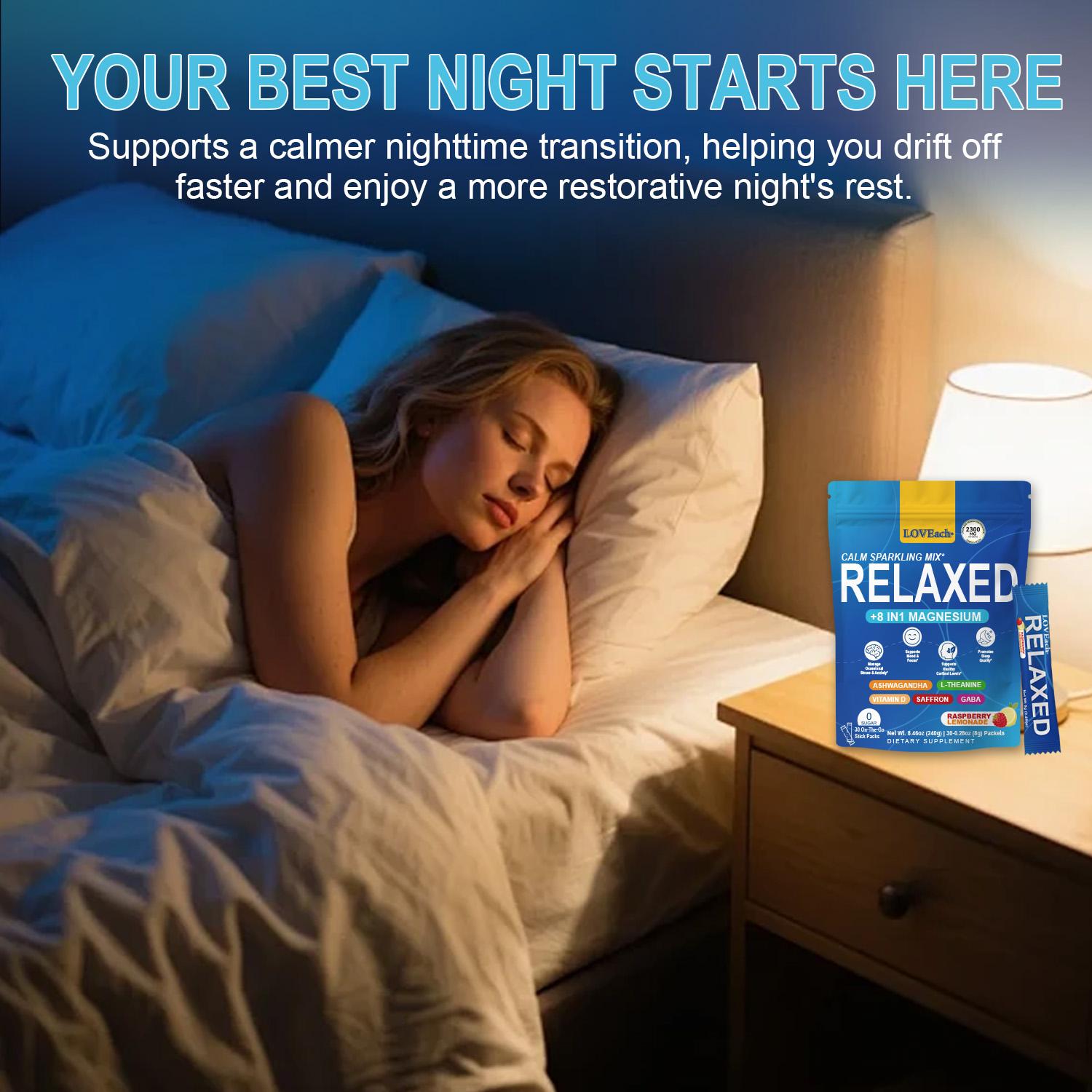 MagicRelaxed Calming Sparking Mix with 8-in-1 Magnesium complex KSM-66 Ashwagandha Saffron Vitamin D3 GABA & L-Theanine Supports Cortisol Balance Mood Sleep 30 Servings No Sugar Non GMO Raspberry Lemonade Flavor Free gift mixing spoon, Dietary, Natural, E